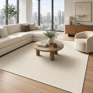 Cream Textured Woven Area Rug, Scandinavian Japandi Living Room Carpet
