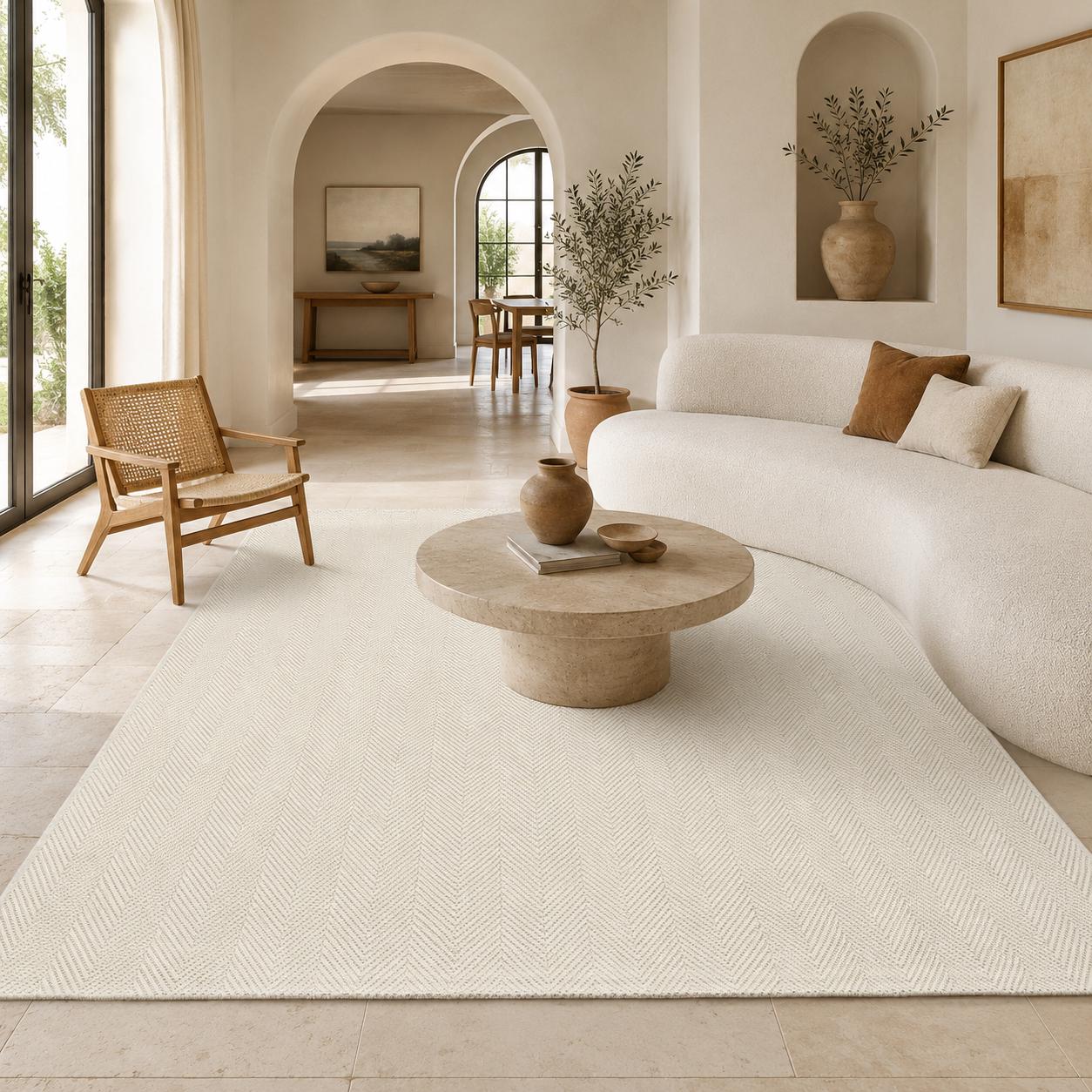Cream Textured Woven Area Rug, Scandinavian Japandi Living Room