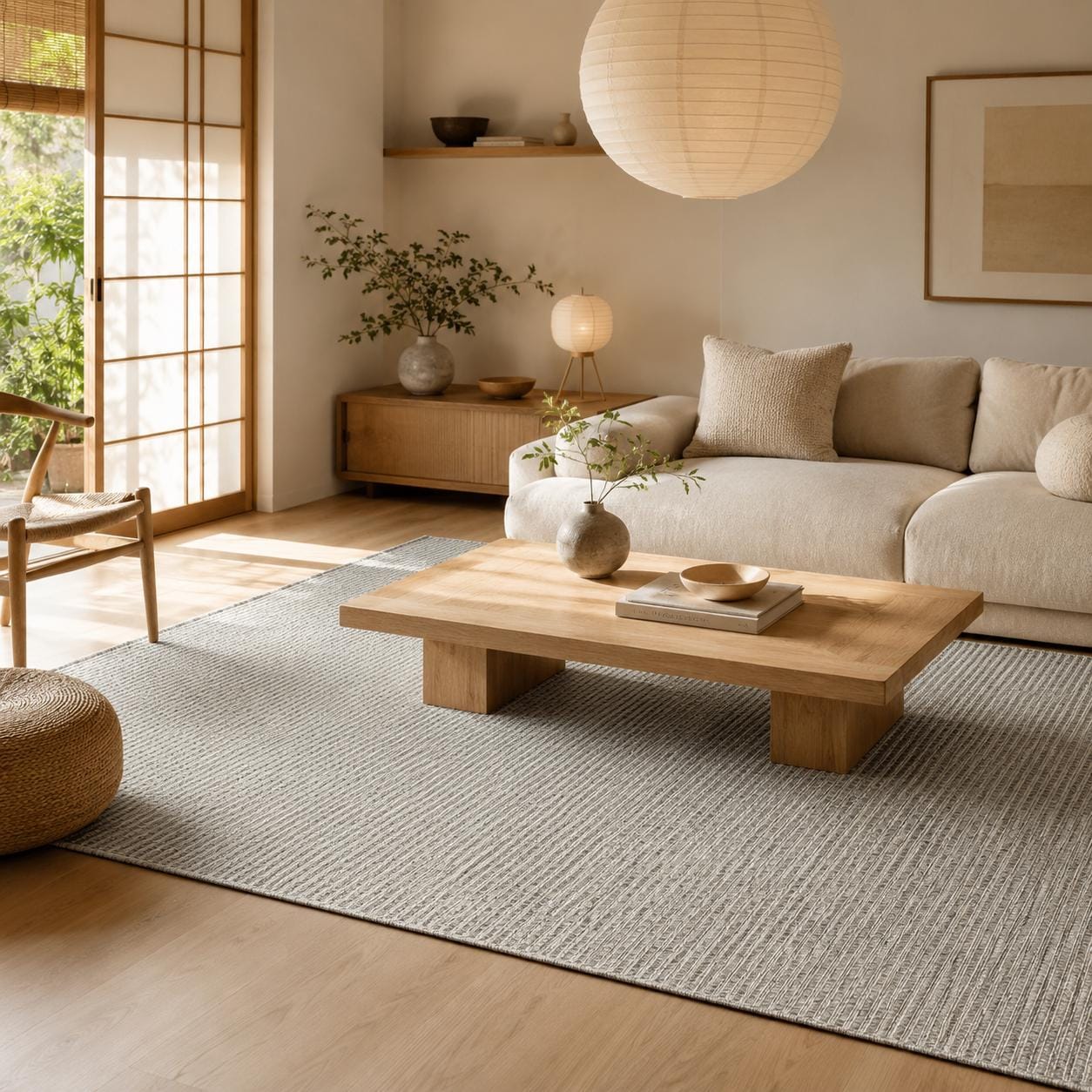 Grey Basket Weave Area Rug, Textured Woven Carpet, Minimalist Scandinavian Living Room