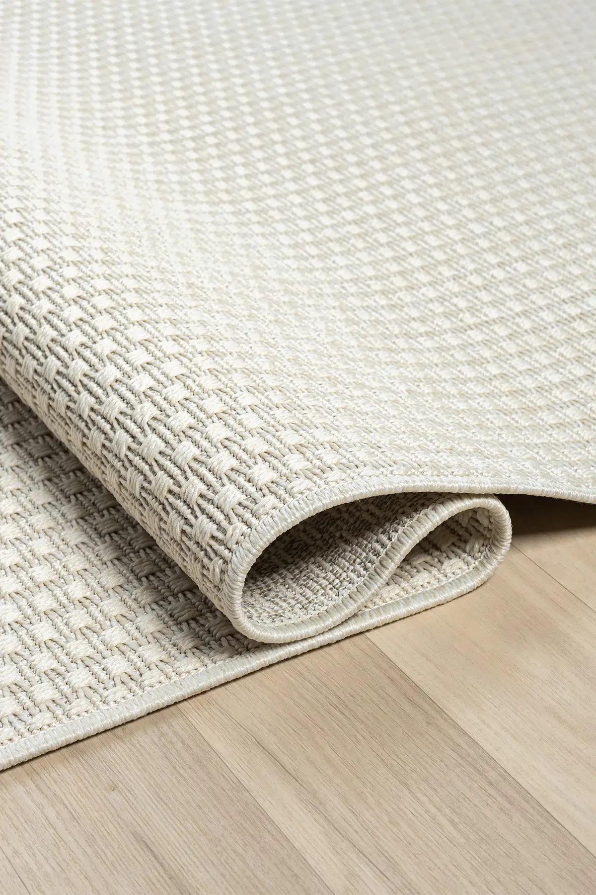 Ivory Basket Weave Area Rug, Textured Flatwoven Carpet, Scandinavian Minimalist Floor Rug