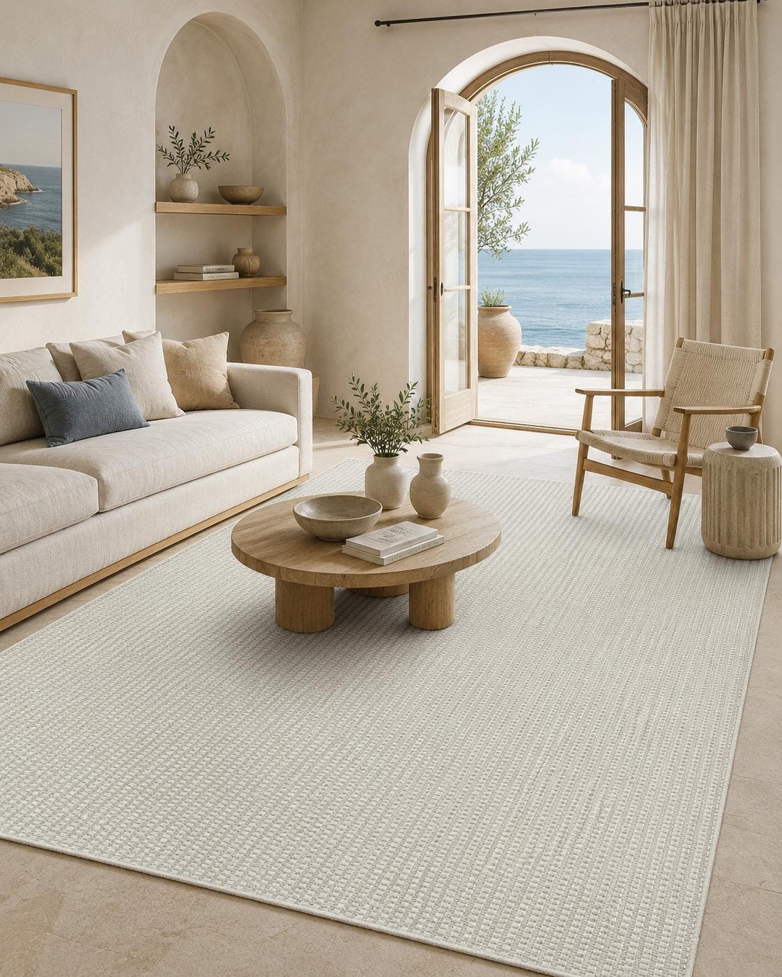 Ivory Basket Weave Area Rug, Textured Flatwoven Carpet, Scandinavian Minimalist Floor Rug