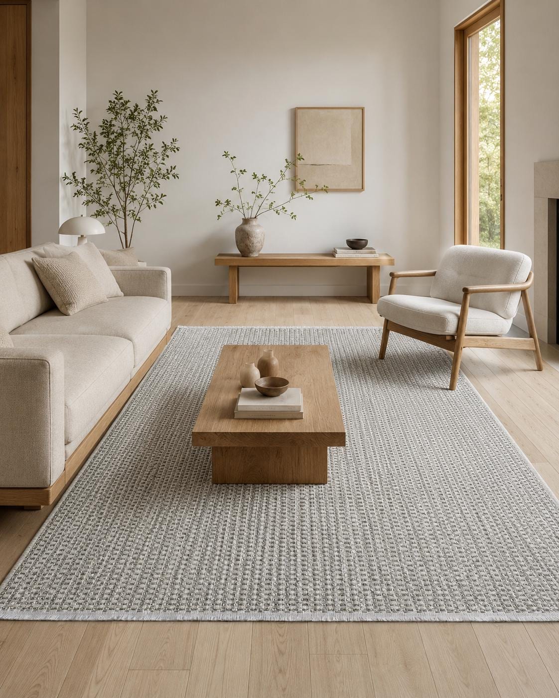 Grey Woven Area Rug, Textured Basketweave Carpet, Scandinavian Japandi Living Room Floor Rug