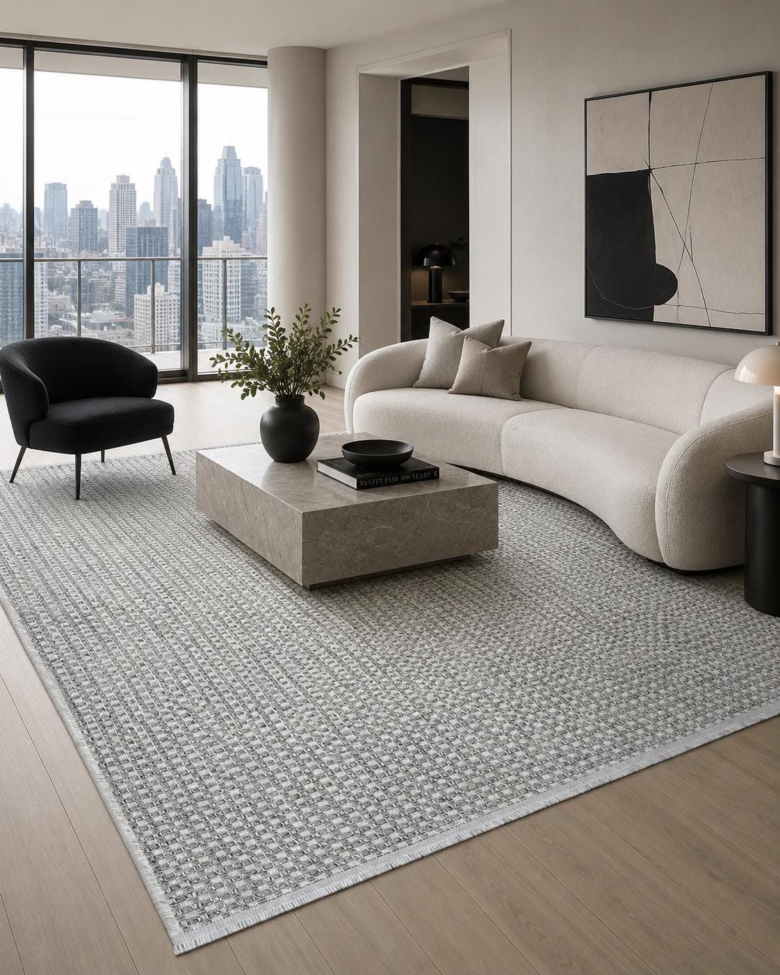 Grey Woven Area Rug, Textured Basketweave Carpet, Scandinavian Japandi Living Room Floor Rug