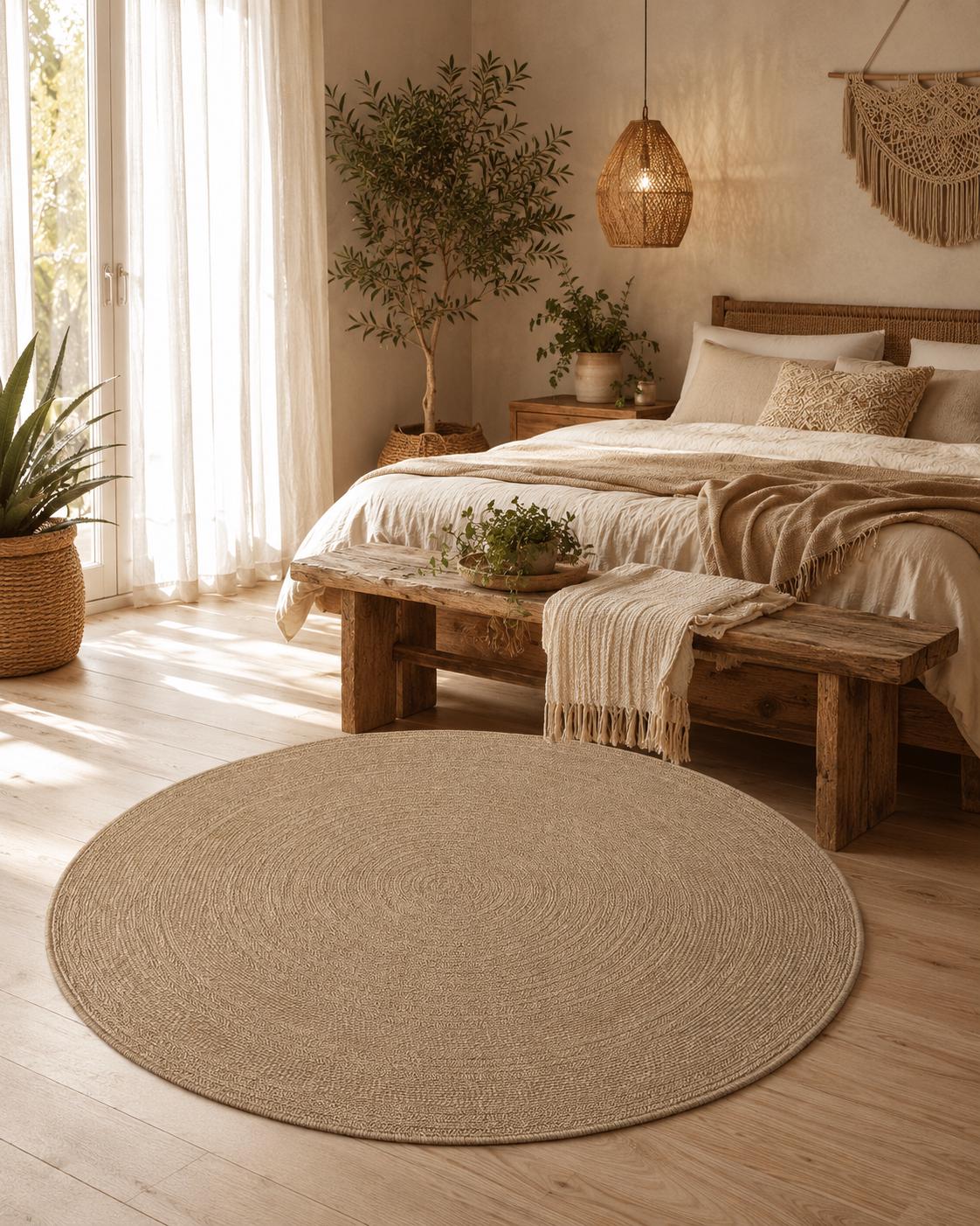Round Jute-Style Beige Area Rug, Textured Boho Coastal Carpet (5.2 FT)