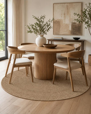 Round Jute-Style Beige Area Rug, Textured Boho Coastal Carpet (5.2 FT)
