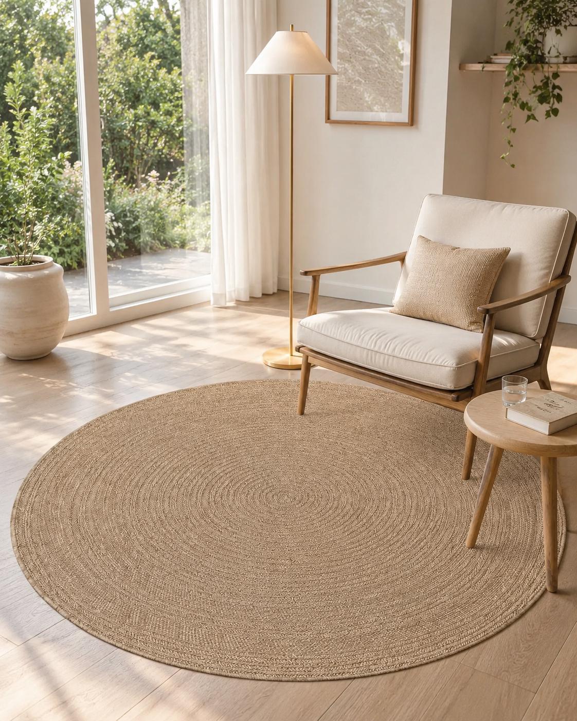 Round Jute-Style Beige Area Rug, Textured Boho Coastal Carpet (5.2 FT)