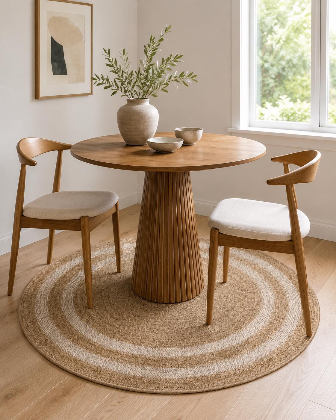 Round Striped Jute Style Area Rug, Boho Coastal Living Room Carpet