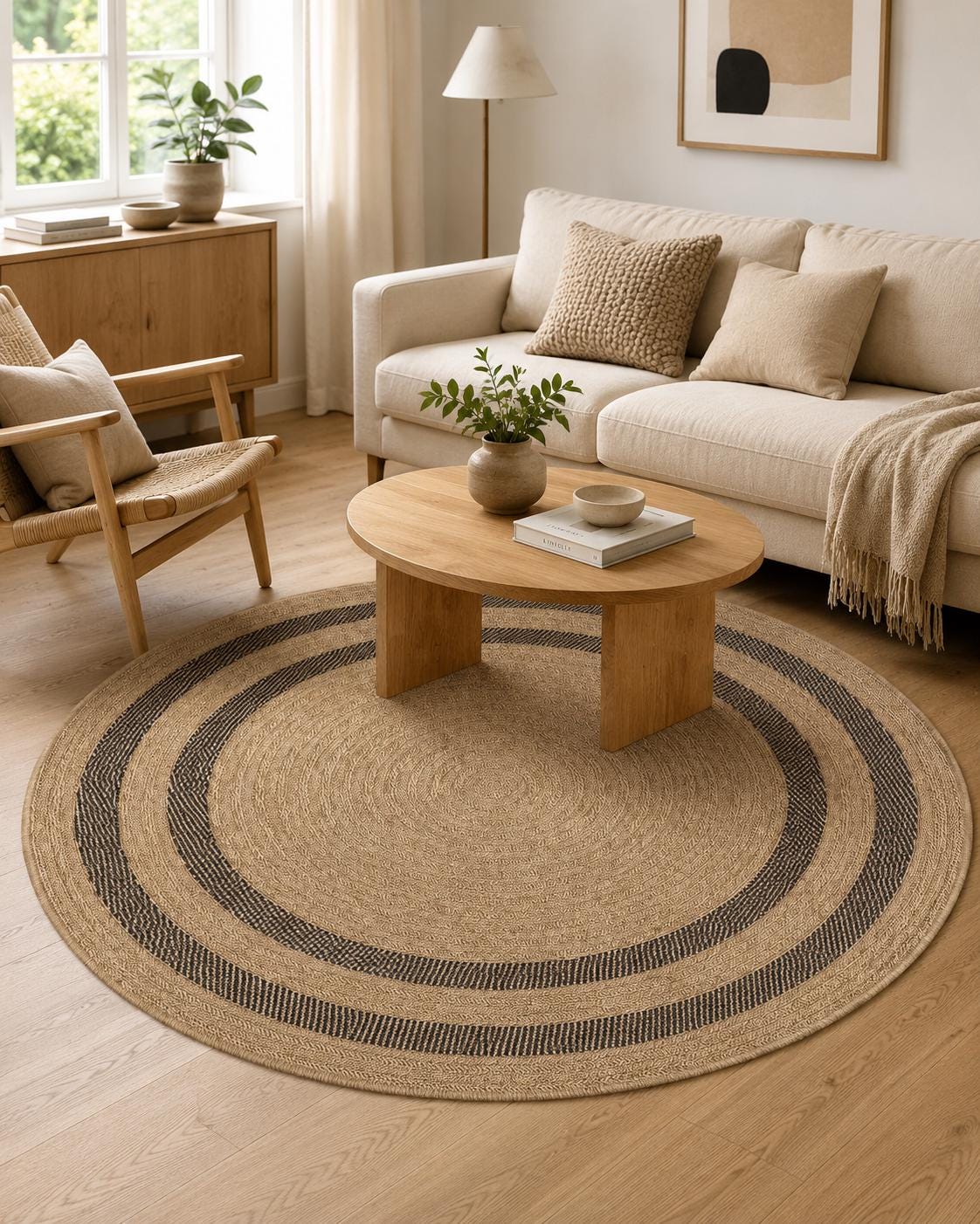 Round Jute-Style Beige Area Rug, Black Stripe Boho Coastal Carpet