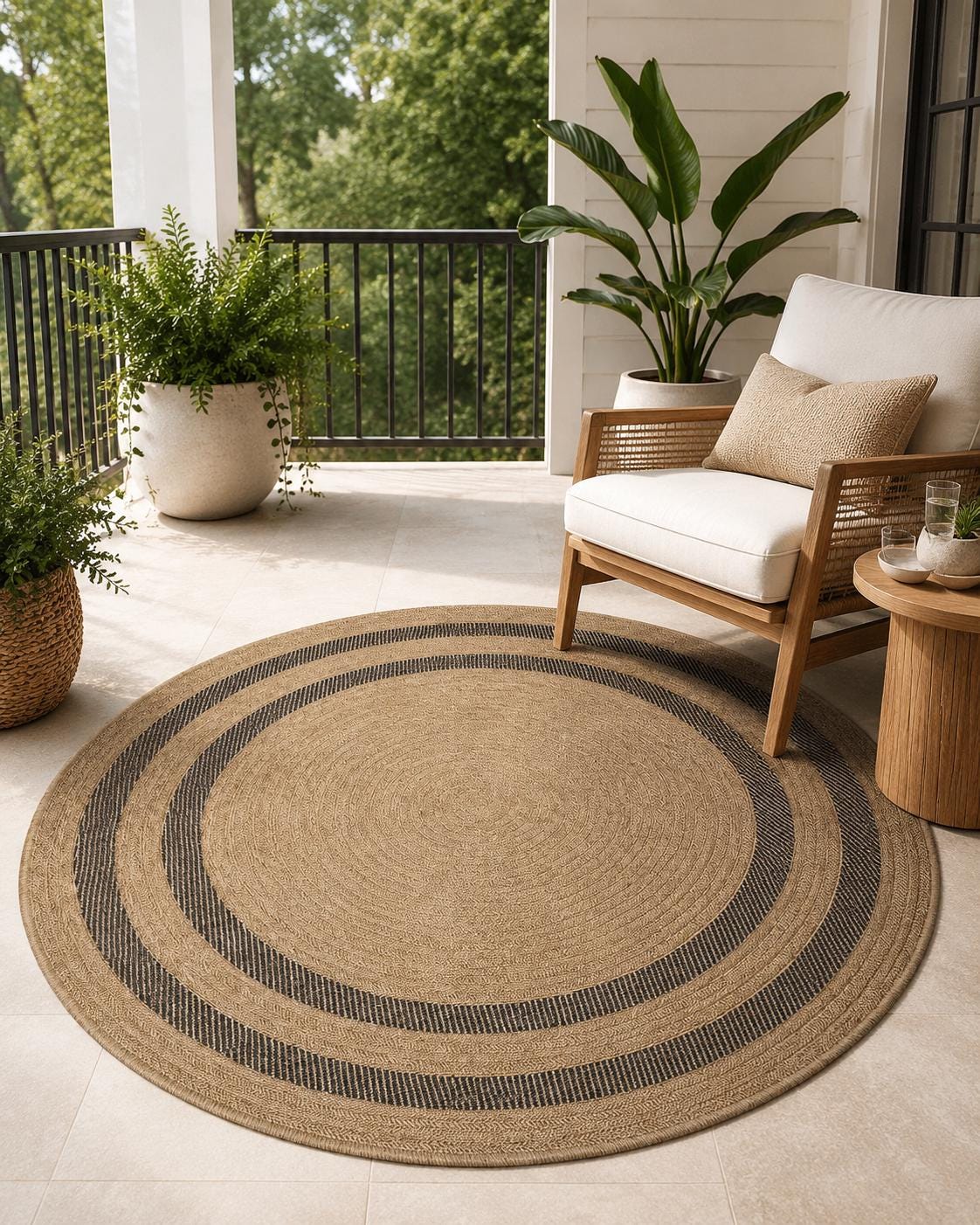 Round Jute-Style Beige Area Rug, Black Stripe Boho Coastal Carpet