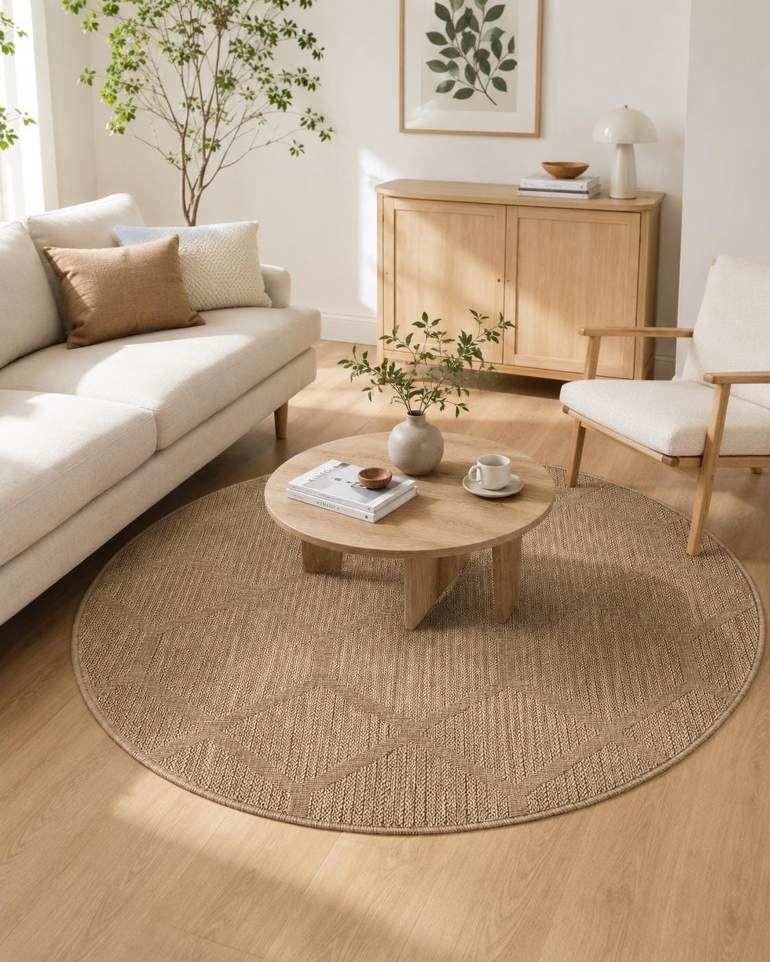 Round Beige Geometric Jute Style Area Rug, Boho Minimalist Living Room Carpet (5.2FT)