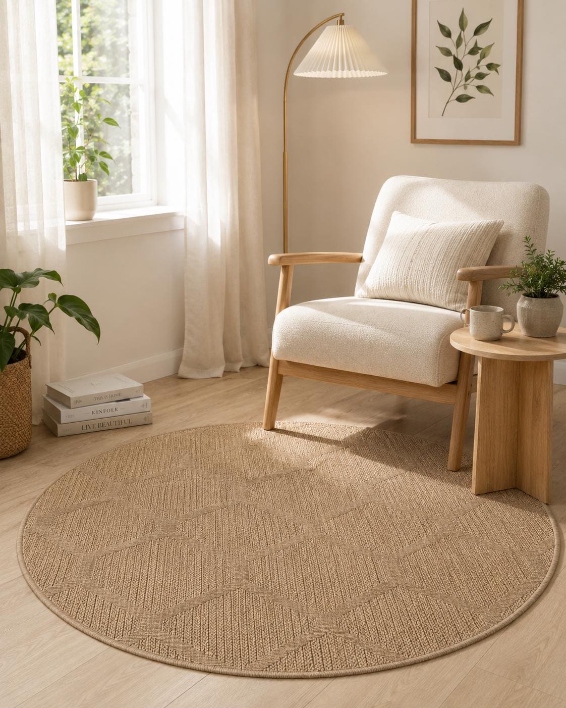Round Beige Geometric Jute Style Area Rug, Boho Minimalist Living Room Carpet (5.2FT)