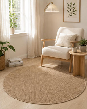Round Beige Geometric Jute Style Area Rug, Boho Minimalist Living Room Carpet (5.2FT)