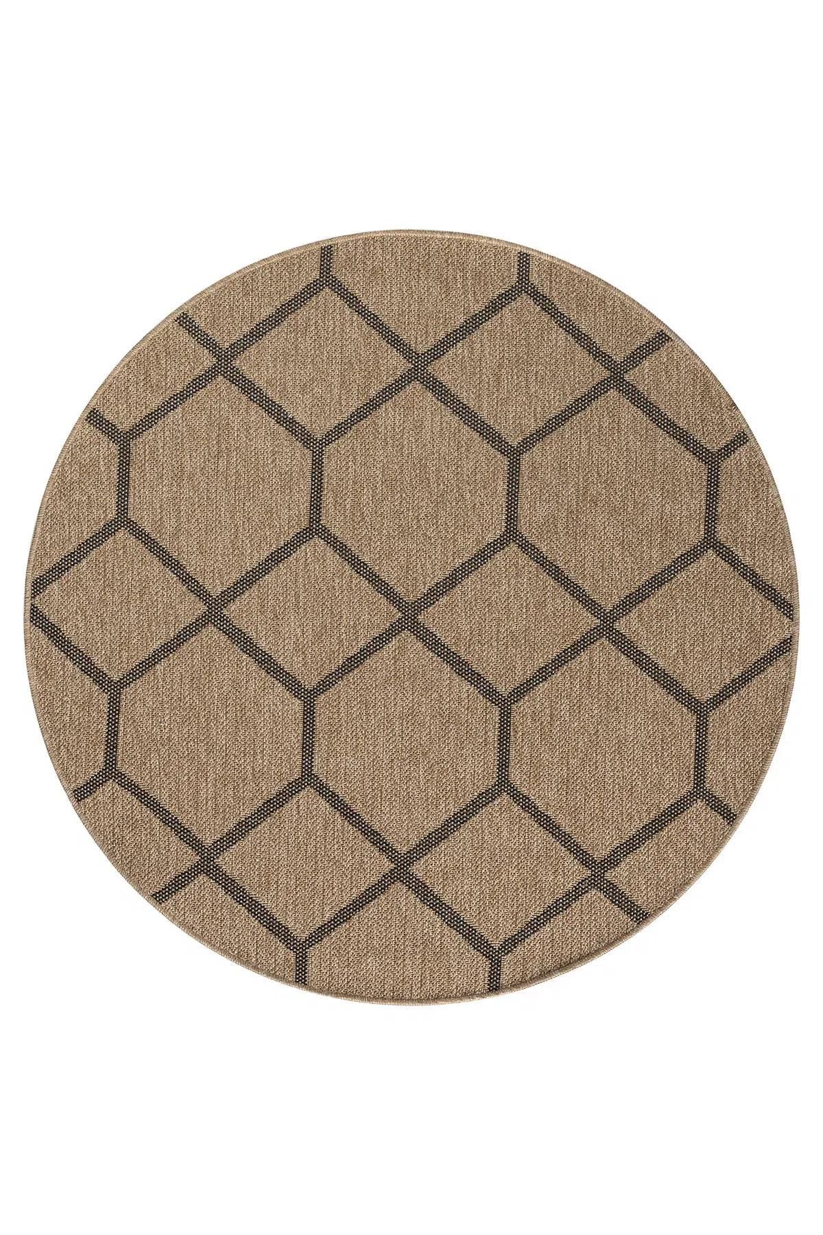 Round Beige Black Geometric Honeycomb Rug, Modern Boho Living Room Carpet (5.2x5.2FT)