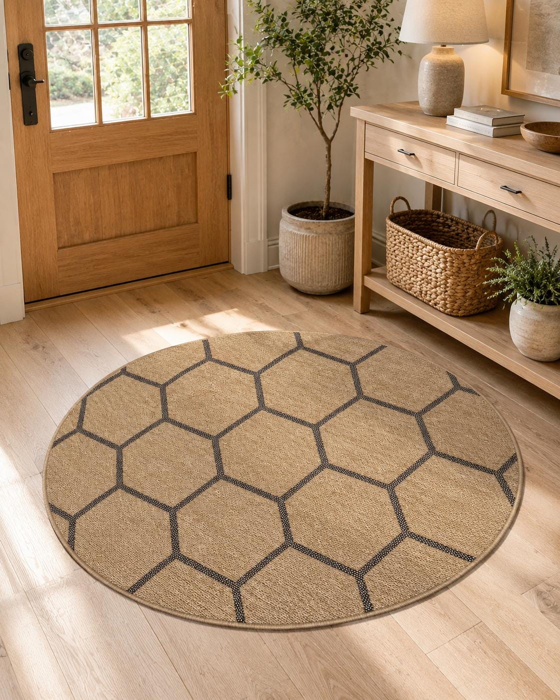 Round Beige Black Geometric Honeycomb Rug, Modern Boho Living Room Carpet (5.2x5.2FT)