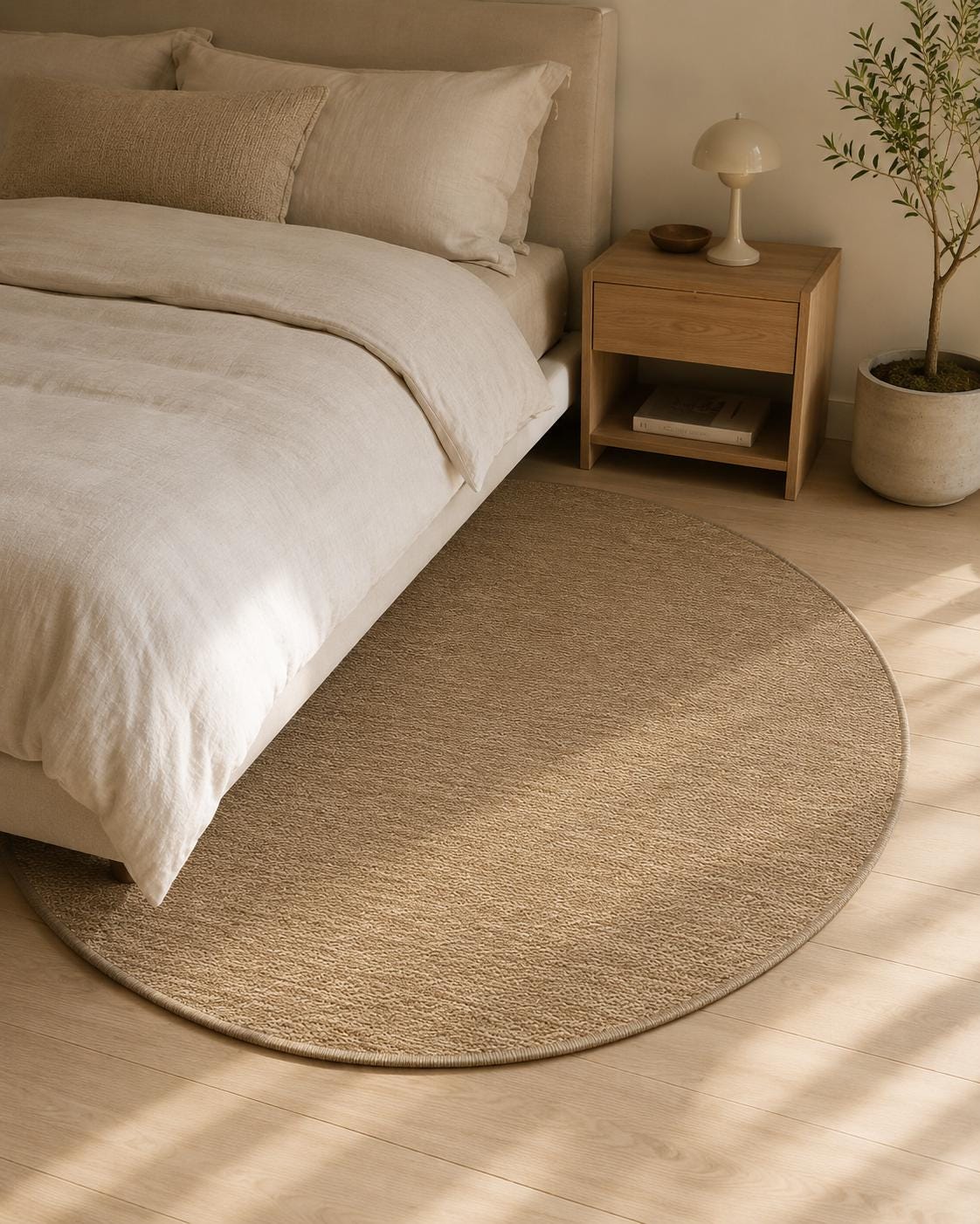 Round Beige Area Rug, Plain Neutral Minimalist Carpet, Soft Modern Bedroom Rug (5.2x5.2 FT)