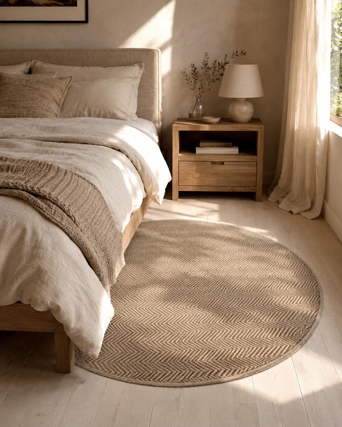 Round Herringbone Area Rug, Natural Woven Boho Carpet, Scandinavian Bedroom Accent (5.2 FT)