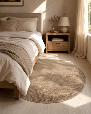 Round Herringbone Area Rug, Natural Woven Boho Carpet, Scandinavian Bedroom Accent (5.2 FT)