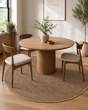Round Herringbone Area Rug, Natural Woven Boho Carpet, Scandinavian Bedroom Accent (5.2 FT)