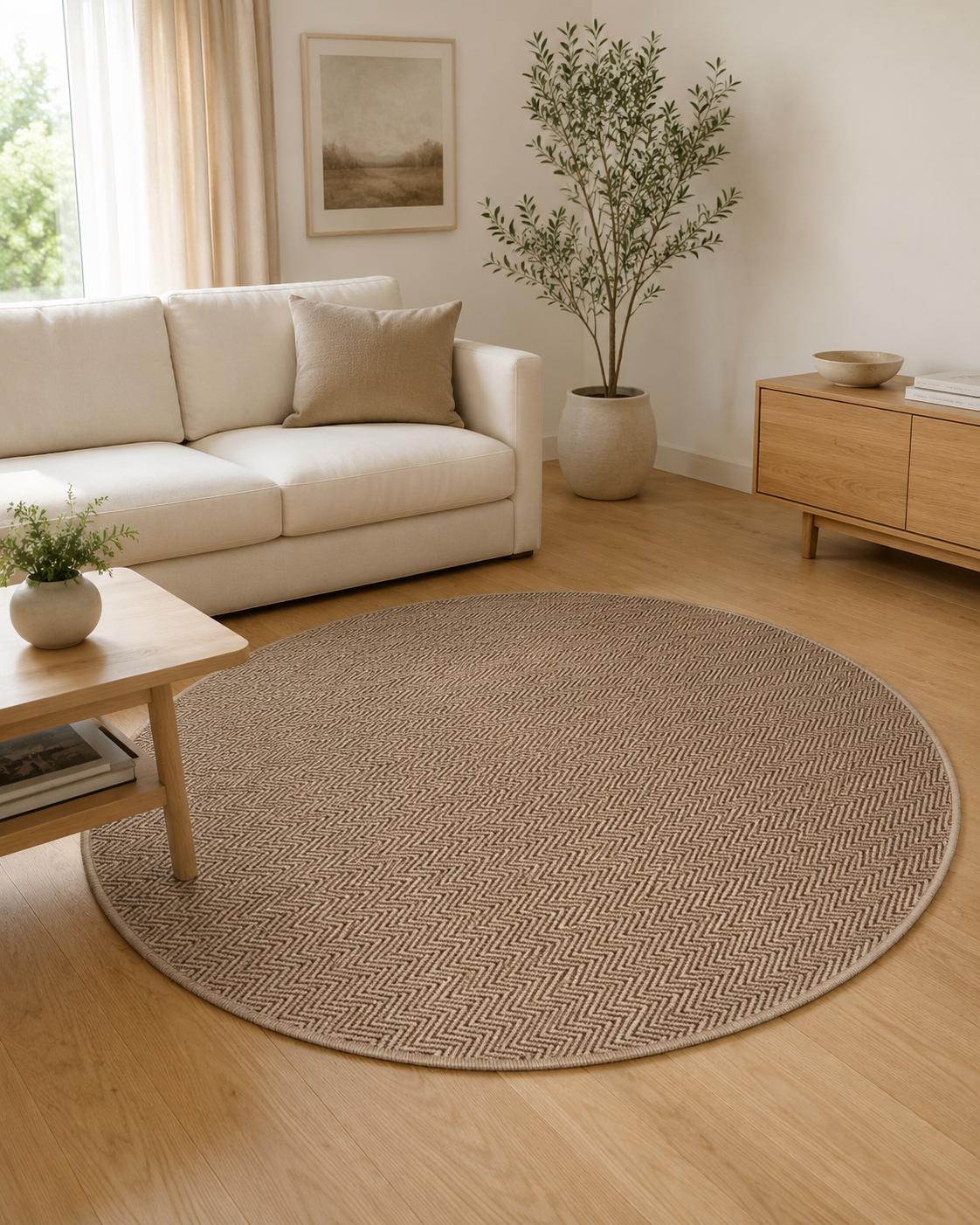 Round Herringbone Area Rug, Natural Woven Boho Carpet, Scandinavian Bedroom Accent (5.2 FT)