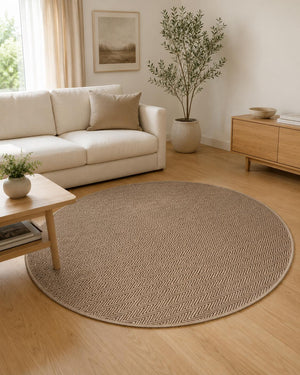 Round Herringbone Area Rug, Natural Woven Boho Carpet, Scandinavian Bedroom Accent (5.2 FT)