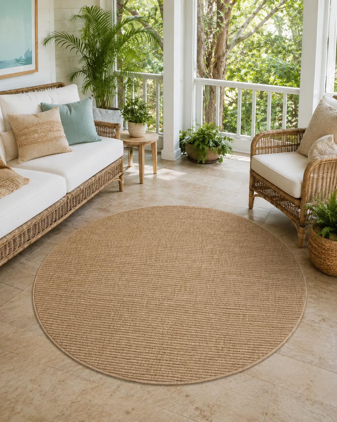 Round Jute-Style Beige Area Rug, Minimalist Woven Living Room Carpet (5.2x5.2FT)
