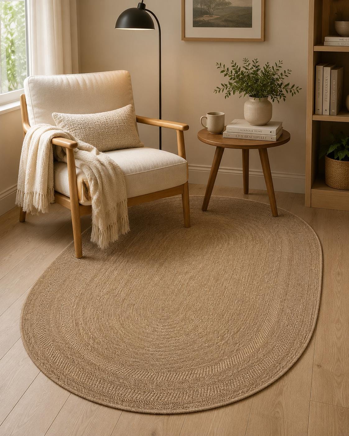 Oval Textured Jute-Style Area Rug, Boho Scandinavian Living Room Carpet