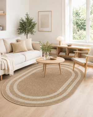 Oval Woven Jute-Style Area Rug, Beige Ivory Border, Boho Scandinavian Living Room Carpet
