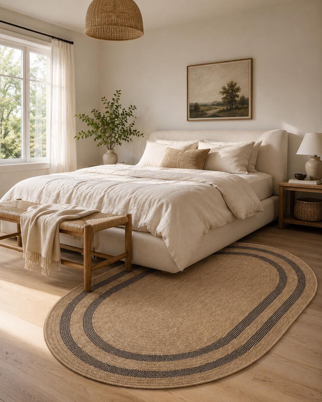 Oval Beige Black Border Rug, Natural Woven Jute Style Carpet, Boho Scandinavian Floor Rug
