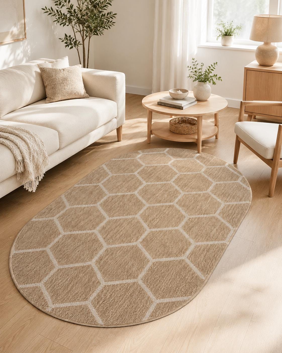 Oval Geometric Woven Area Rug, Neutral Boho Scandinavian Carpet
