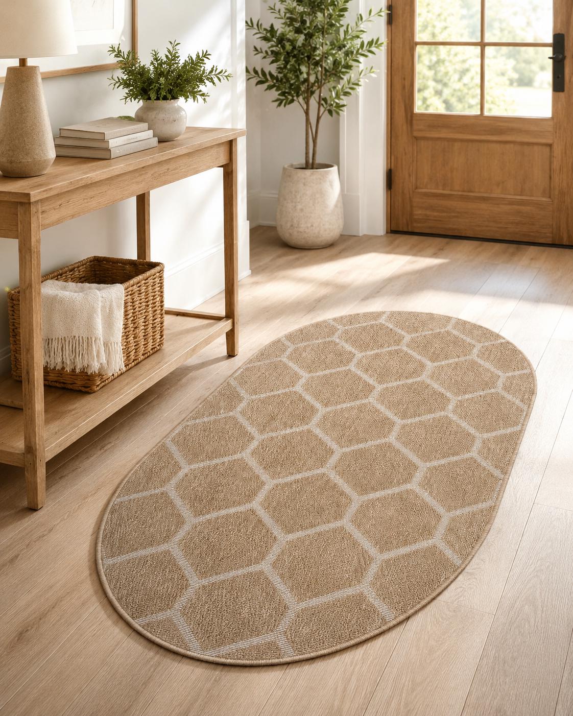 Oval Geometric Woven Area Rug, Neutral Boho Scandinavian Carpet
