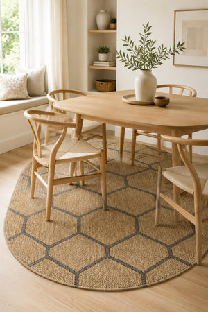 Oval Honeycomb Geometric Rug, Beige Black Woven Living Room Carpet, Boho Scandinavian Entryway Rug