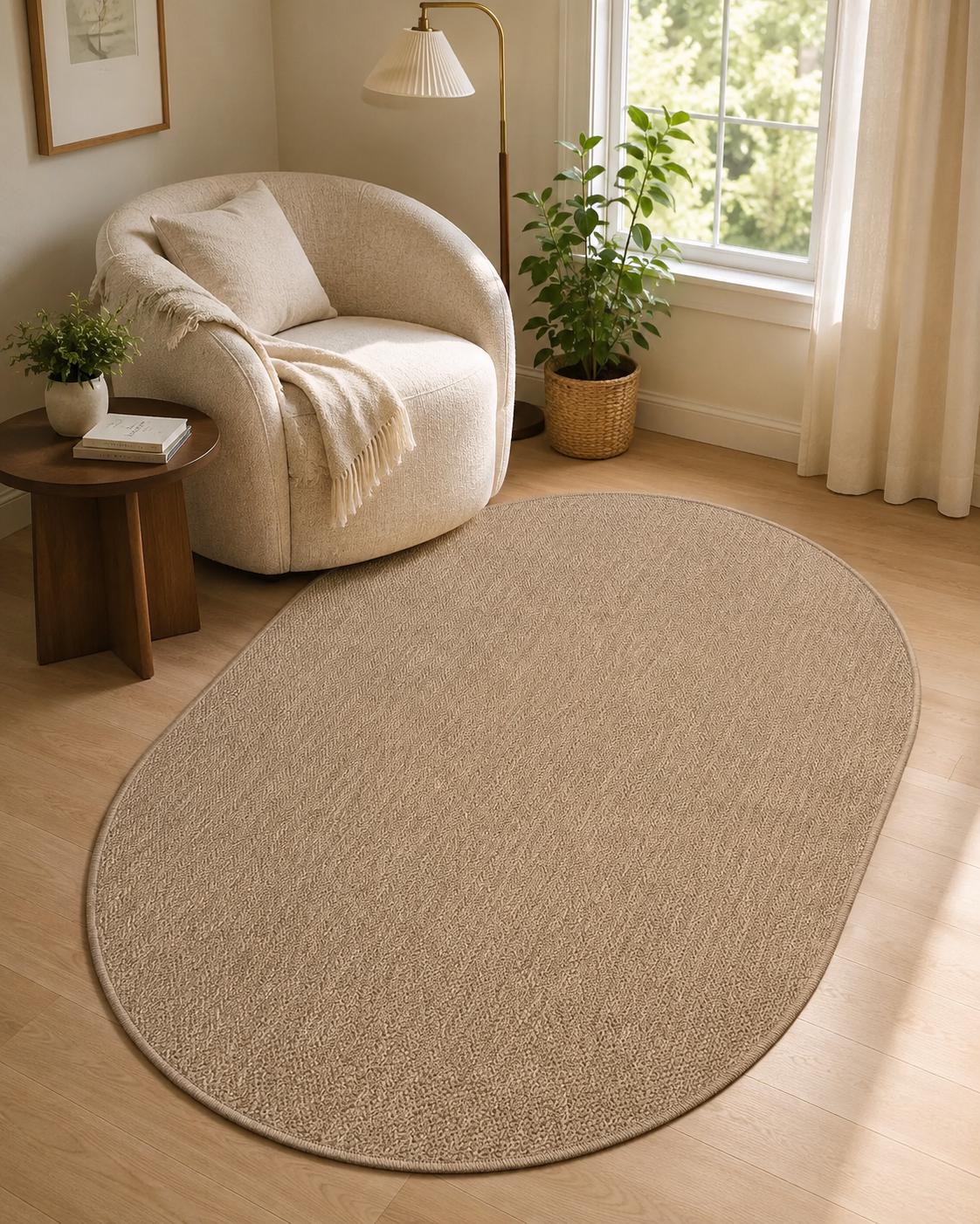 Oval Beige Woven Rug, Natural Jute Style Carpet, Scandinavian Living Room Floor Rug