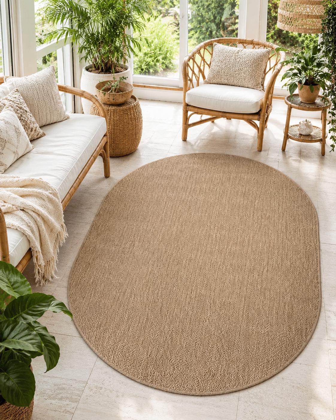 Oval Beige Woven Rug, Natural Jute Style Carpet, Scandinavian Living Room Floor Rug