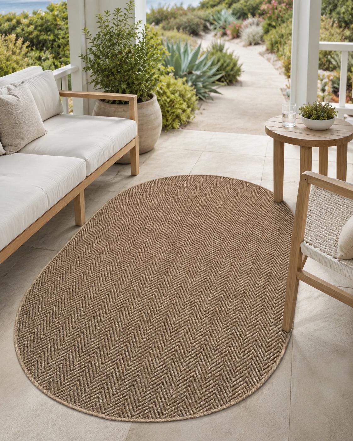 Brown Oval Herringbone Rug, Natural Woven Farmhouse Carpet, Minimalist Living Room Bedroom