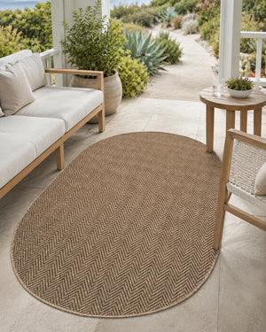 Brown Oval Herringbone Rug, Natural Woven Farmhouse Carpet, Minimalist Living Room Bedroom