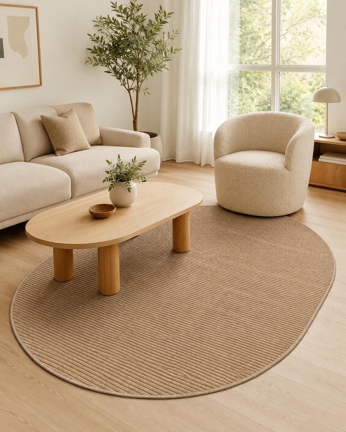 Beige Oval Area Rug, Ribbed Textured Carpet, Minimalist Scandinavian Japandi Floor Rug