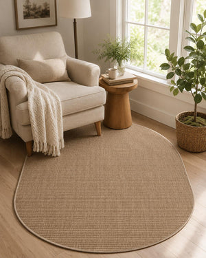Beige Oval Area Rug, Ribbed Textured Carpet, Minimalist Scandinavian Japandi Floor Rug