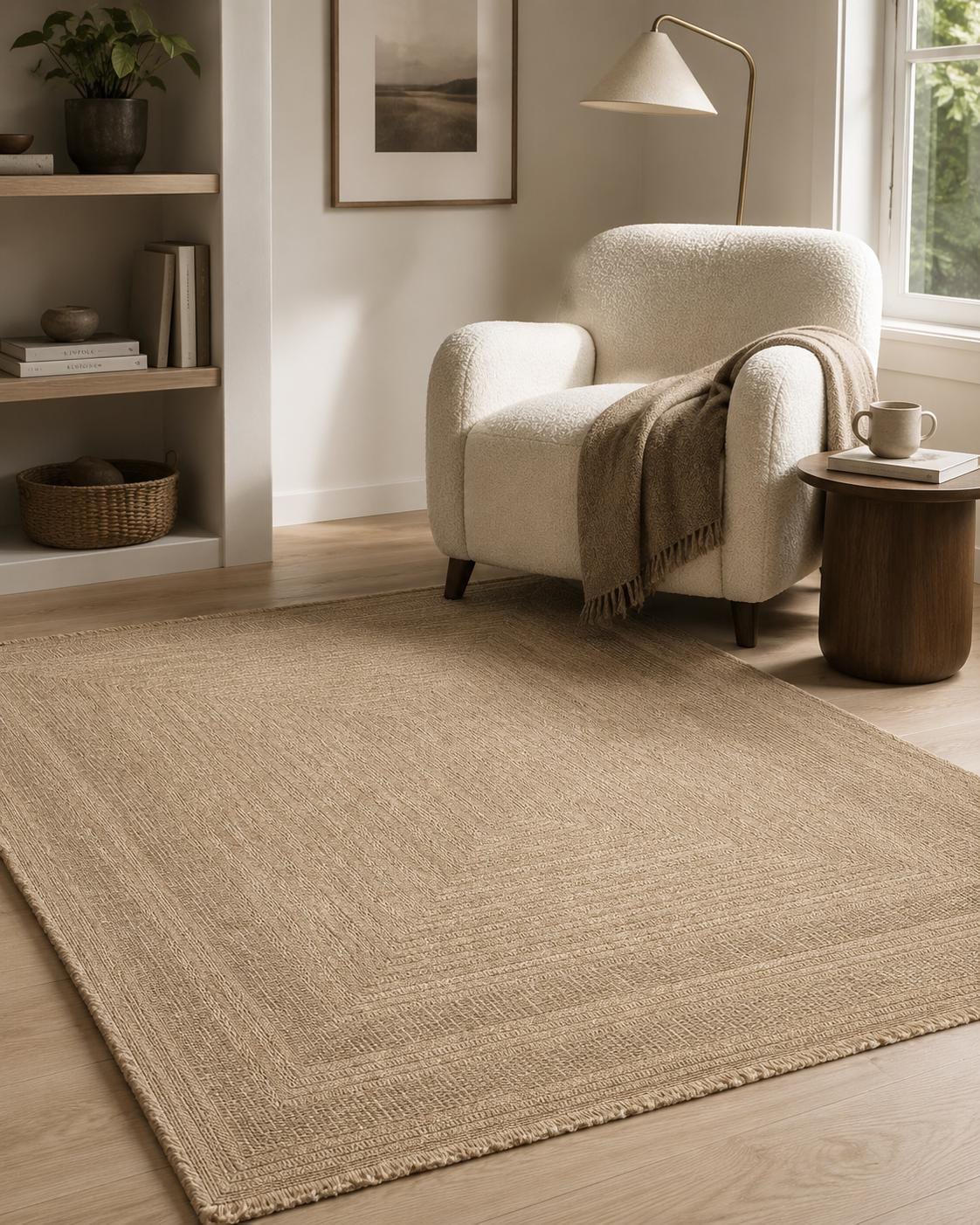 Beige Woven Area Rug, Textured Border Carpet, Minimalist Scandinavian Bedroom Floor Rug