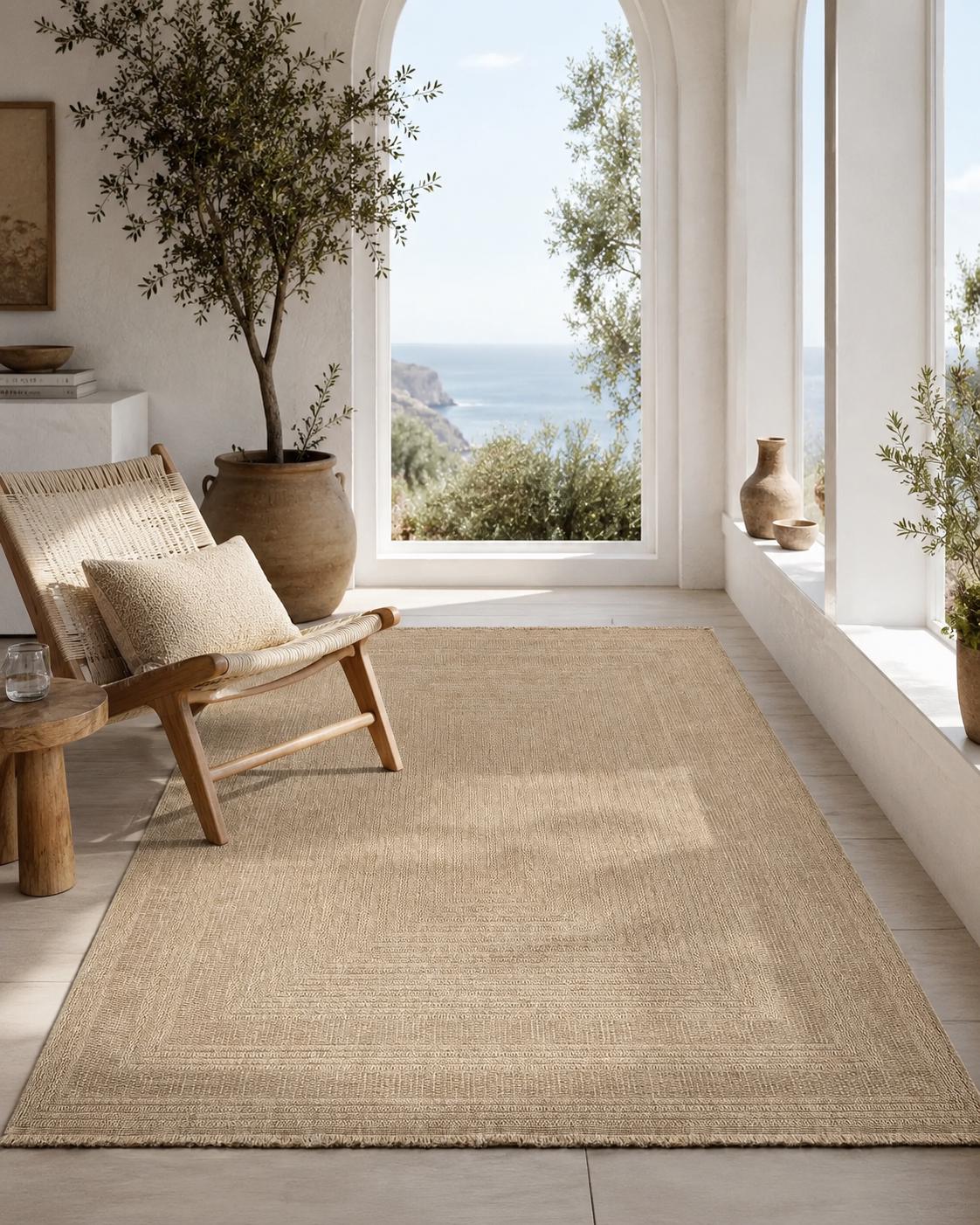 Beige Woven Area Rug, Textured Border Carpet, Minimalist Scandinavian Bedroom Floor Rug