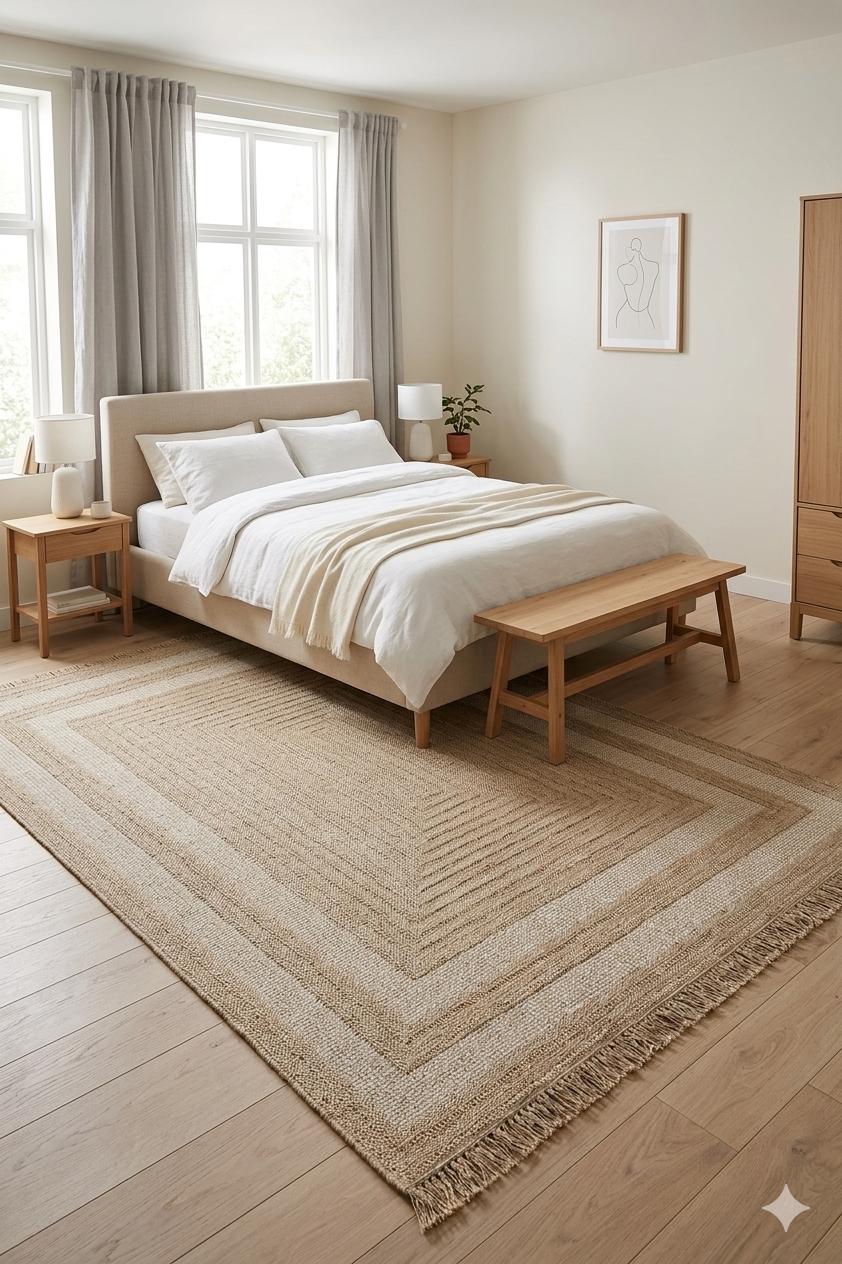 Beige Ivory Rectangular Rug, Textured Woven Border, Natural Jute Style Carpet