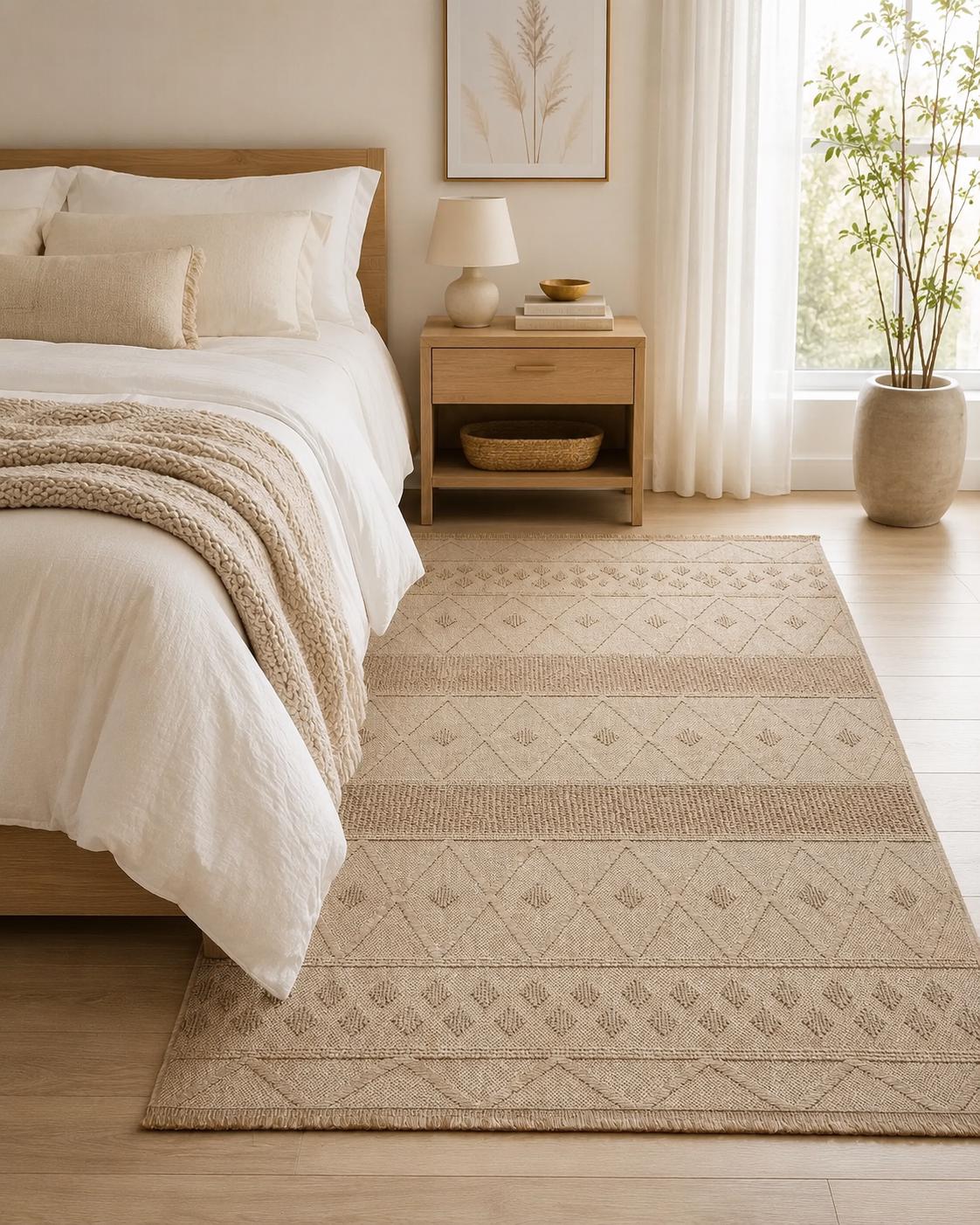 Beige Geometric Area Rug, Textured Boho Scandinavian Living Room Carpet