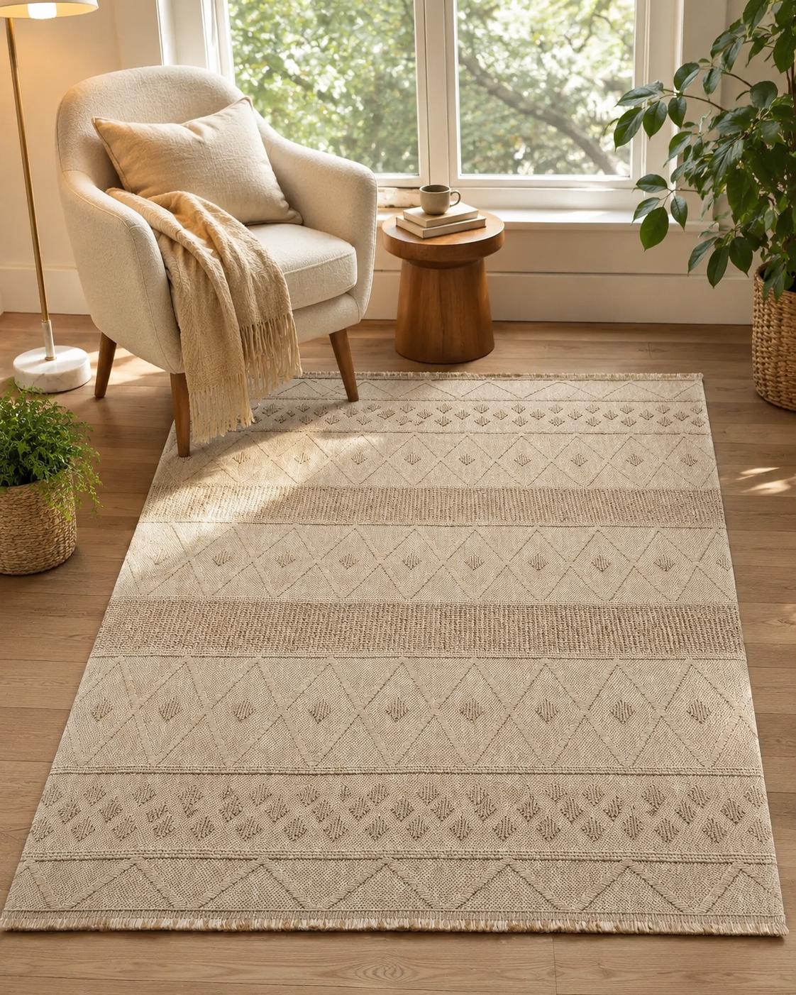 Beige Geometric Area Rug, Textured Boho Scandinavian Living Room Carpet