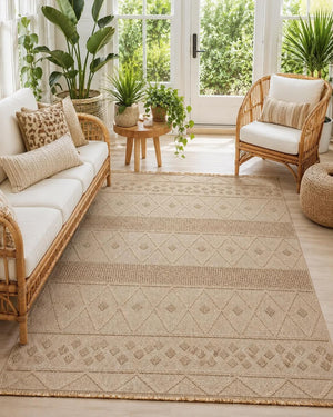 Beige Geometric Area Rug, Textured Boho Scandinavian Living Room Carpet