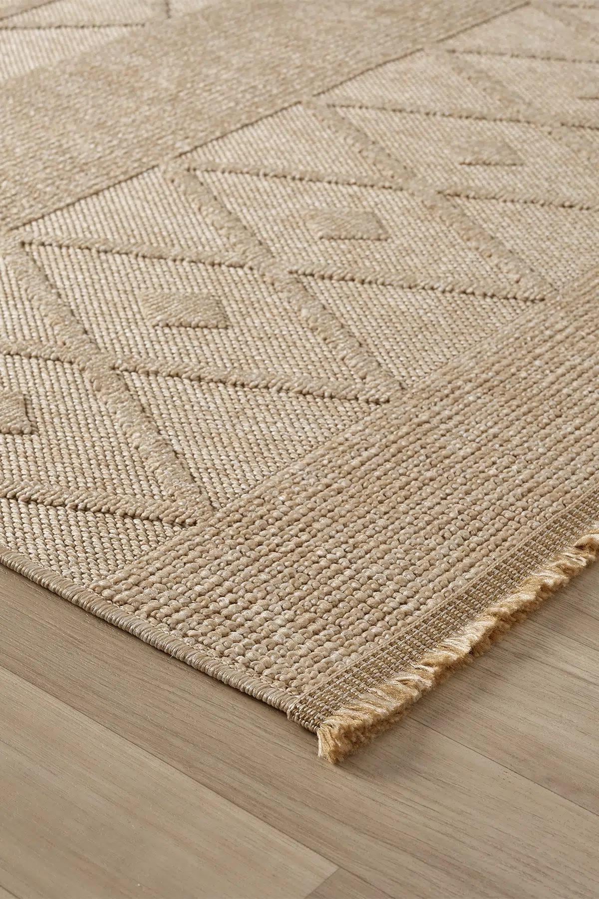 Beige Geometric Textured Area Rug, Boho Scandinavian Living Room Carpet
