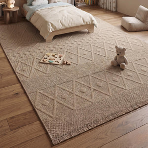 Beige Geometric Textured Area Rug, Boho Scandinavian Living Room Carpet