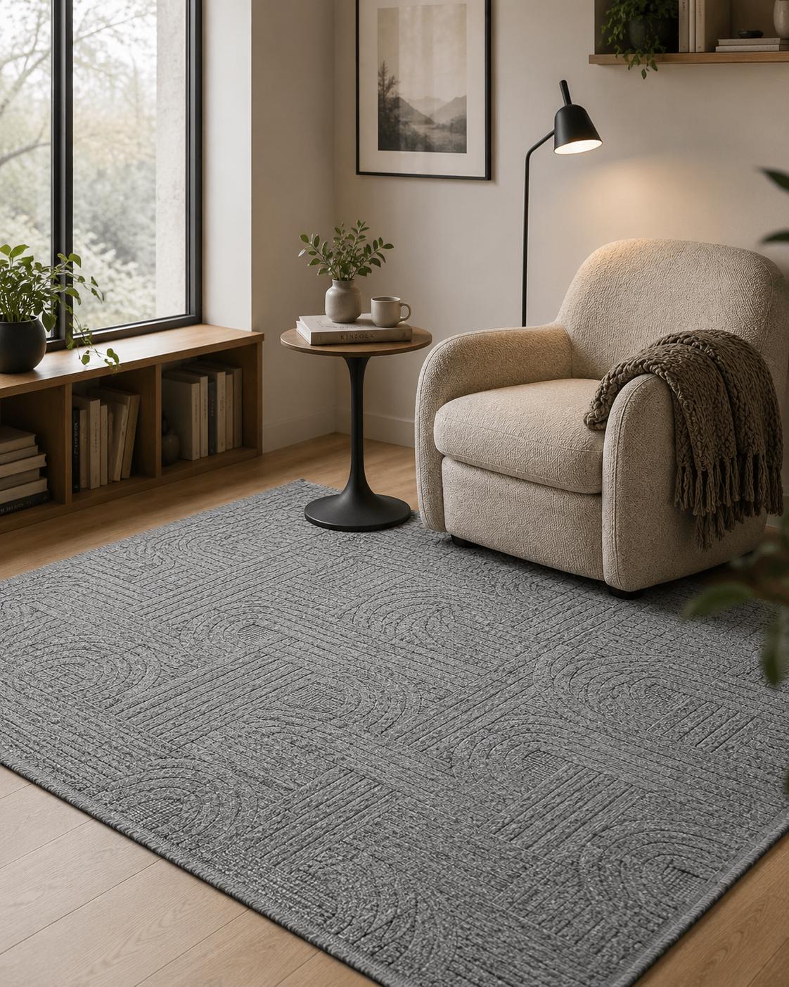 Gray Abstract Textured Area Rug, Modern Geometric Living Room Carpet