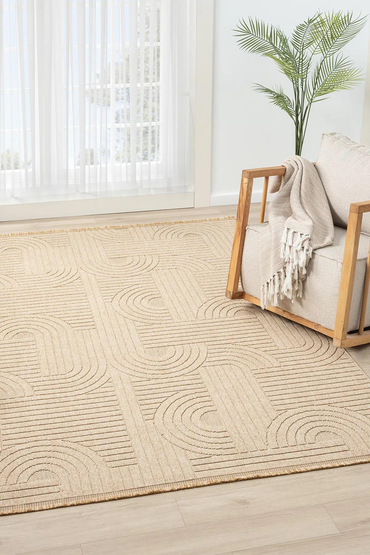 Beige Abstract Area Rug, Modern Geometric Line Pattern, Art Deco Inspired Design