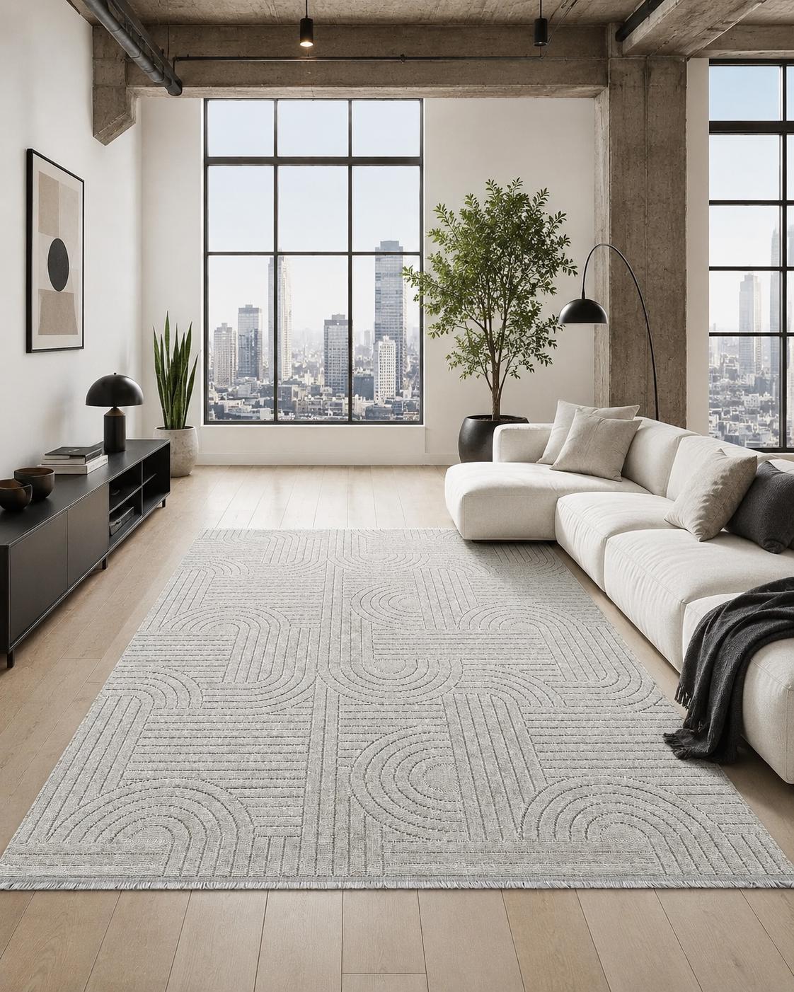 Light Gray Abstract Geometric Textured Area Rug, Modern Living Room Floor Runner