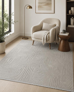 Light Gray Abstract Geometric Textured Area Rug, Modern Living Room Floor Runner