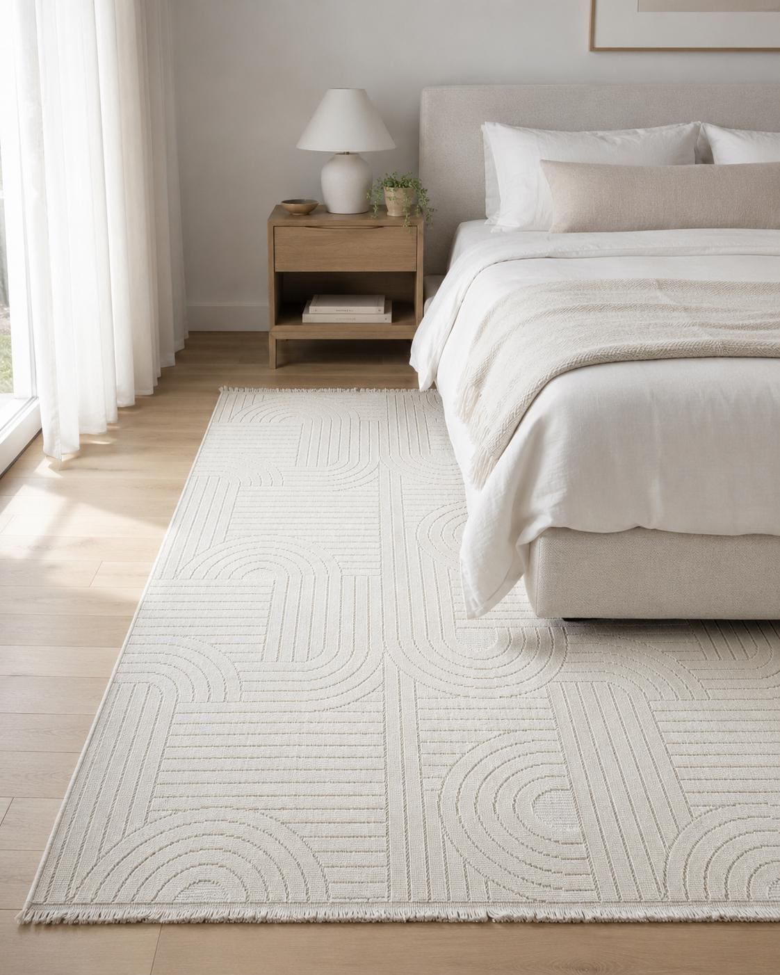 Ivory Abstract Area Rug, Textured Geometric Scandinavian Living Room Carpet
